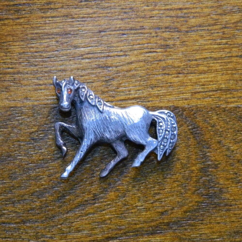 Vintage Sterling Horse Brooch Marcasite Tail  Red Stone Eyes